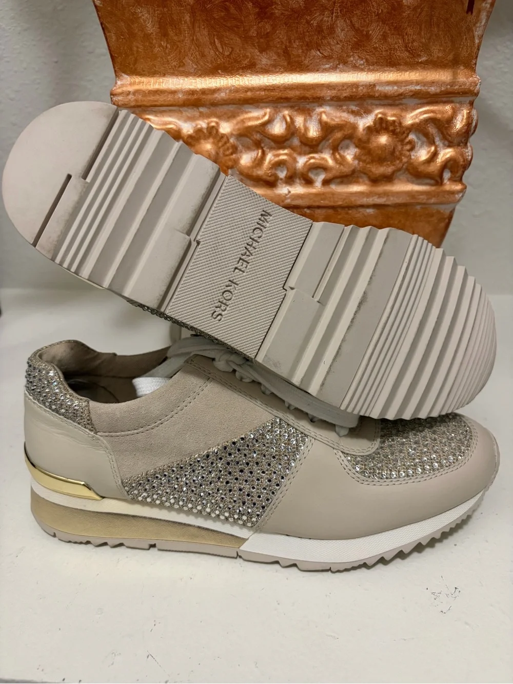Michael Kors Beige and Gold Crystal-Embellished Sneakers